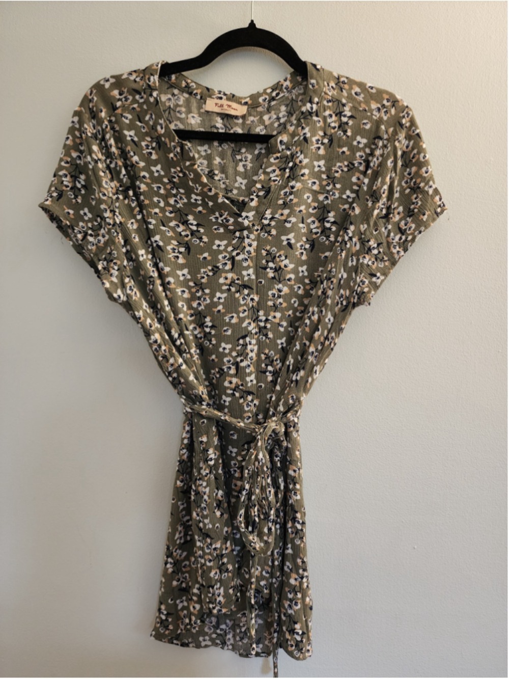 Full Moon Maternity Olive Floral Tie Waist Tunic Top Large EUC